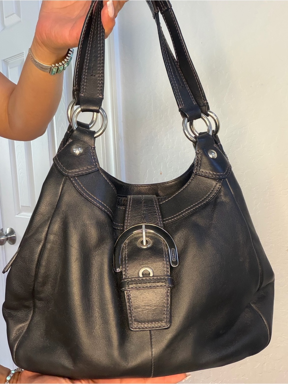 Coach Black Leather Shoulder Bag with Buckle Accent
